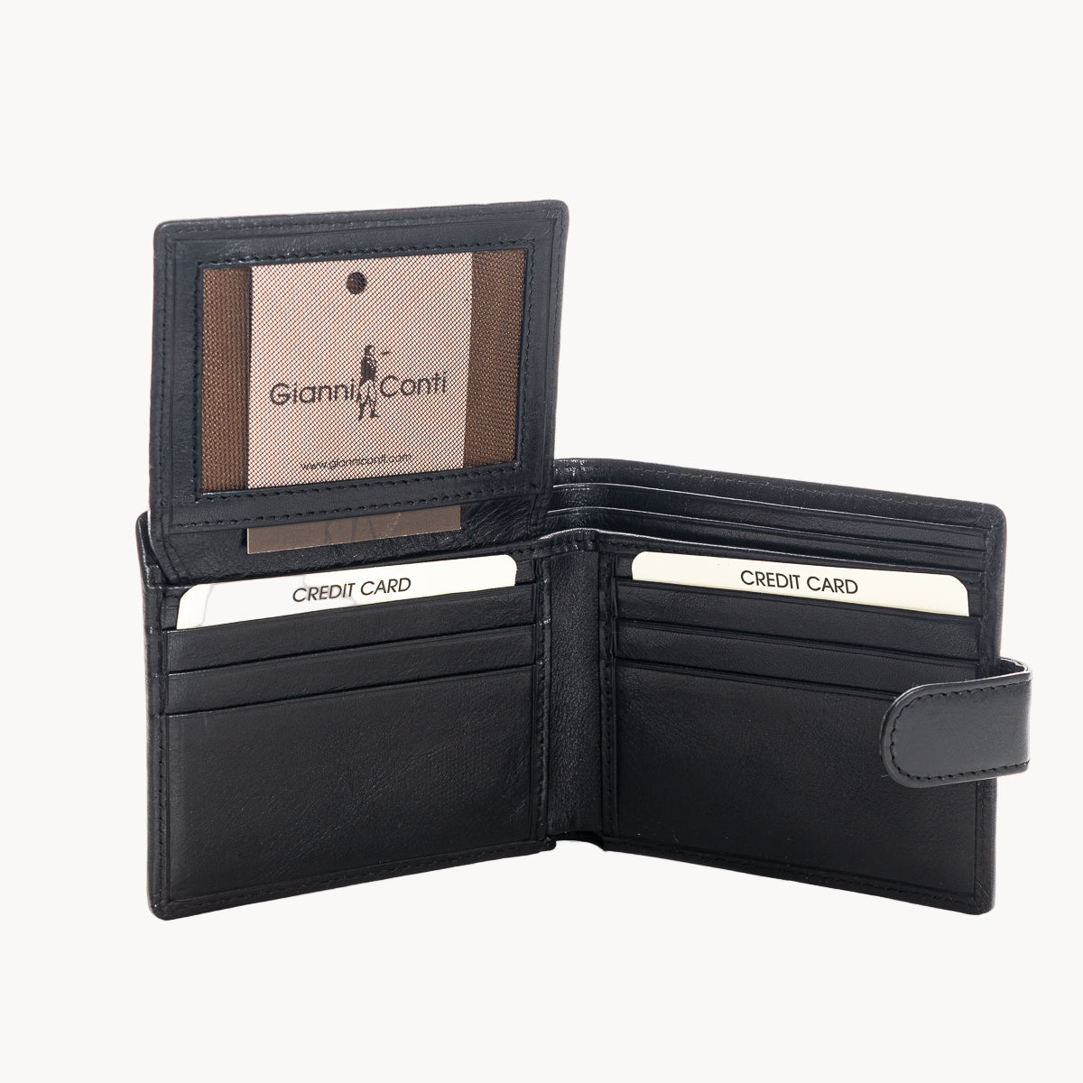 Black leather wallet with card slots and Gianni Conti branding on a white background