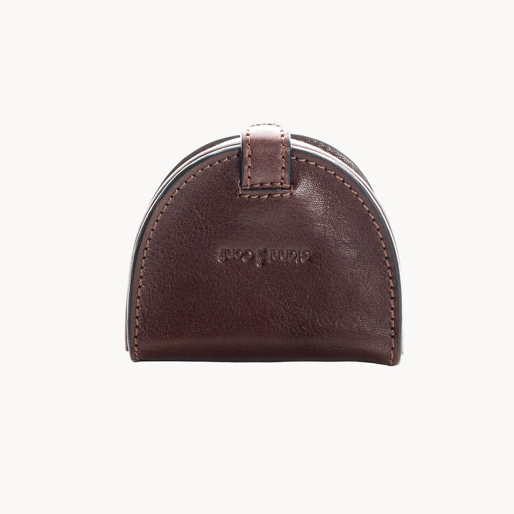 Brown leather coin purse with Gianni Conti branding on a white background