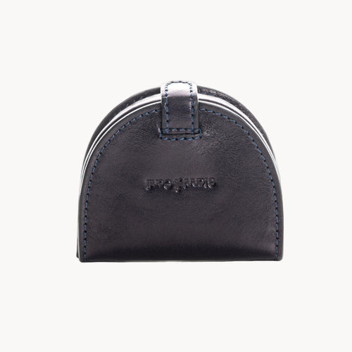 Blue leather coin purse with a brand logo on a white background