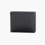 Black leather wallet with brand logo on a white background