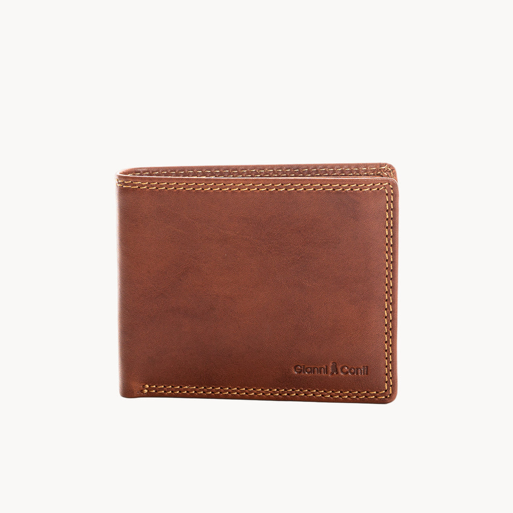 Tan leather wallet with visible brand name on a white background