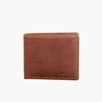 Tan leather wallet with visible brand name on a white background