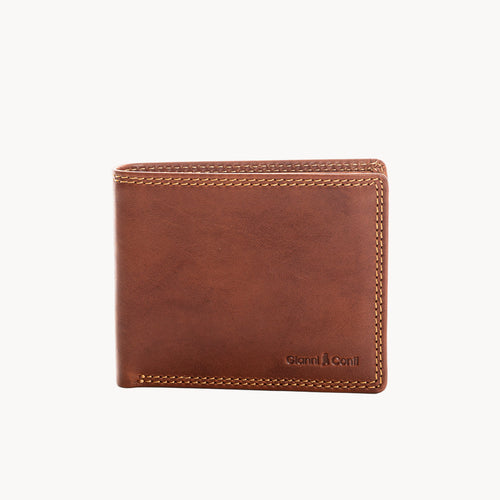 Tan leather wallet with visible brand name on a white background