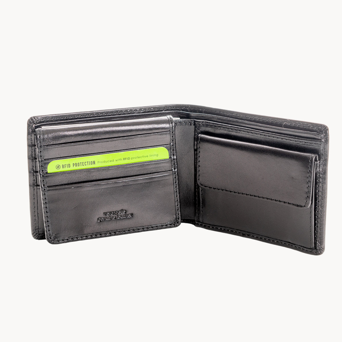 Black leather wallet with a green label on a white background