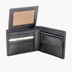 Black leather wallet with a beige card pocket on a white background