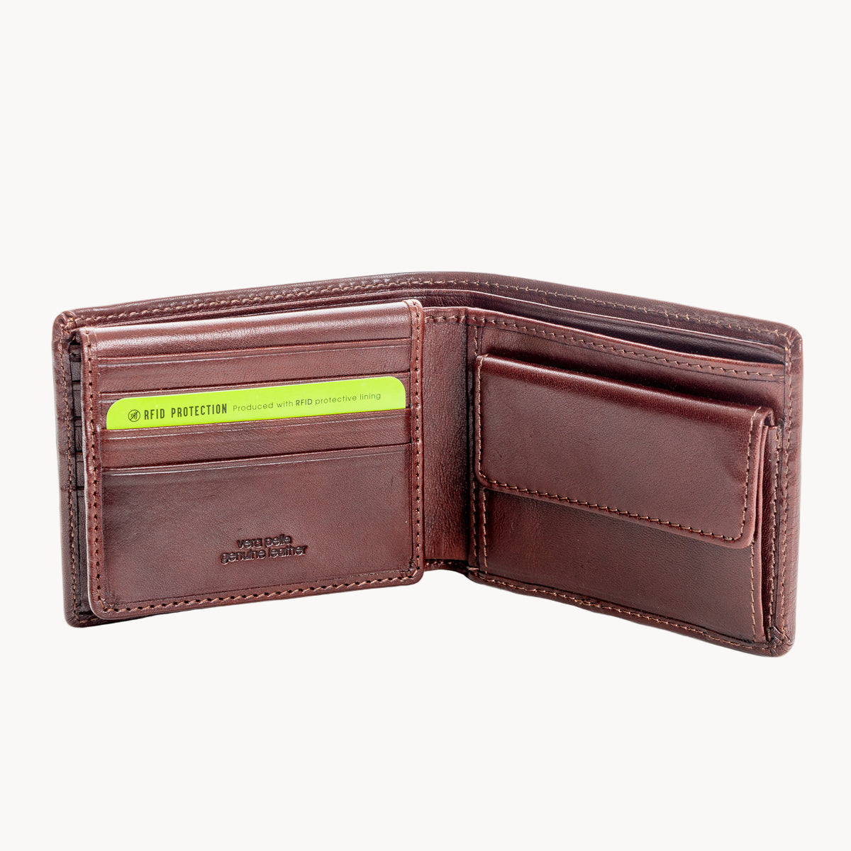 Brown leather wallet with RFID protection feature on a white background