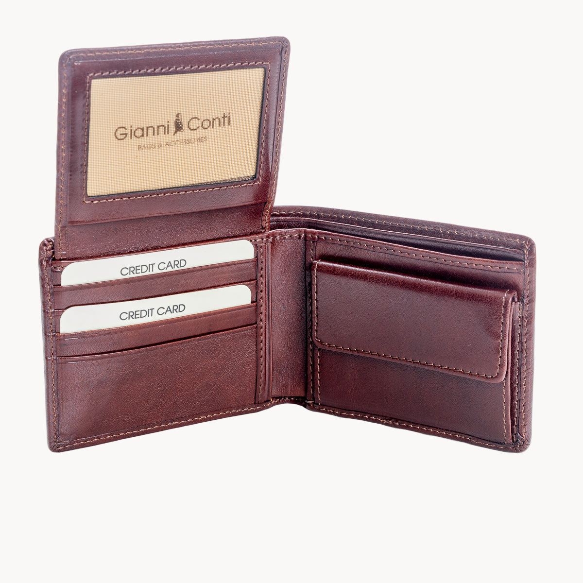 Brown leather wallet with 'Gianni Conti' branding on a white background