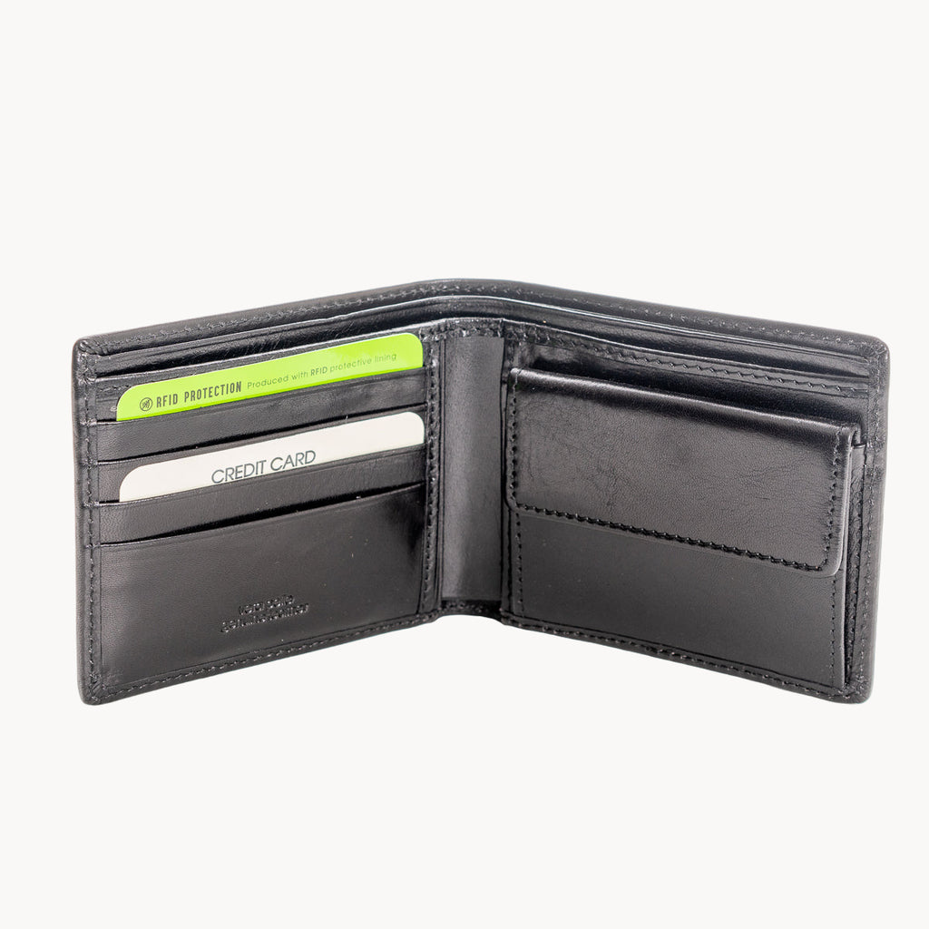 Black leather wallet with a credit card inserted on a white background