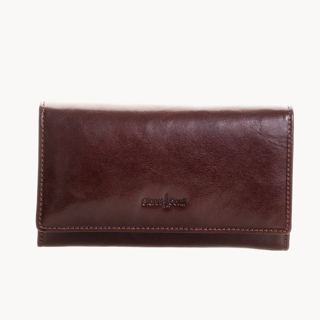 Brown leather wallet with a brand logo on a white background