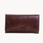Brown leather wallet with a brand logo on a white background