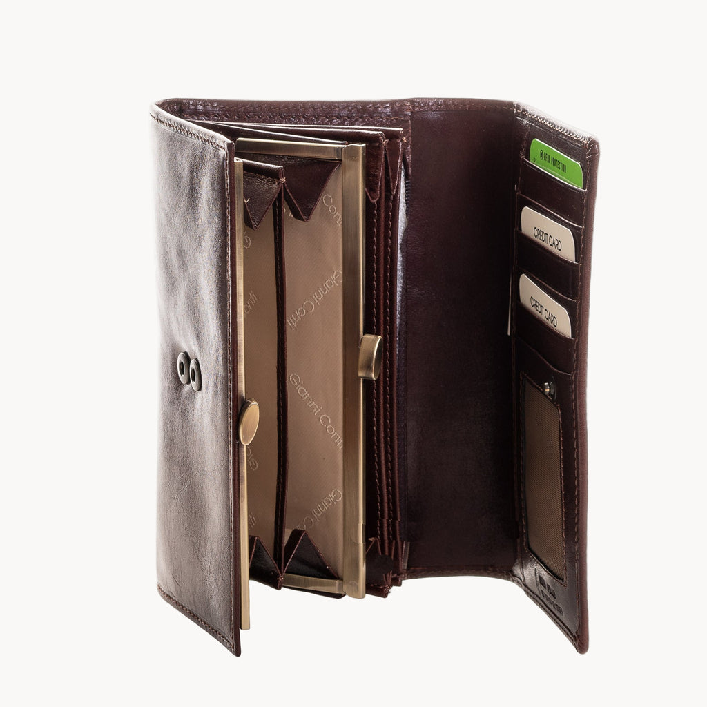 Open brown leather wallet with card slots on a white background