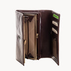Open brown leather wallet with card slots on a white background