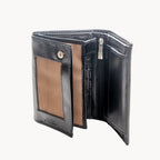 Black leather wallet with a brown card holder on a white background