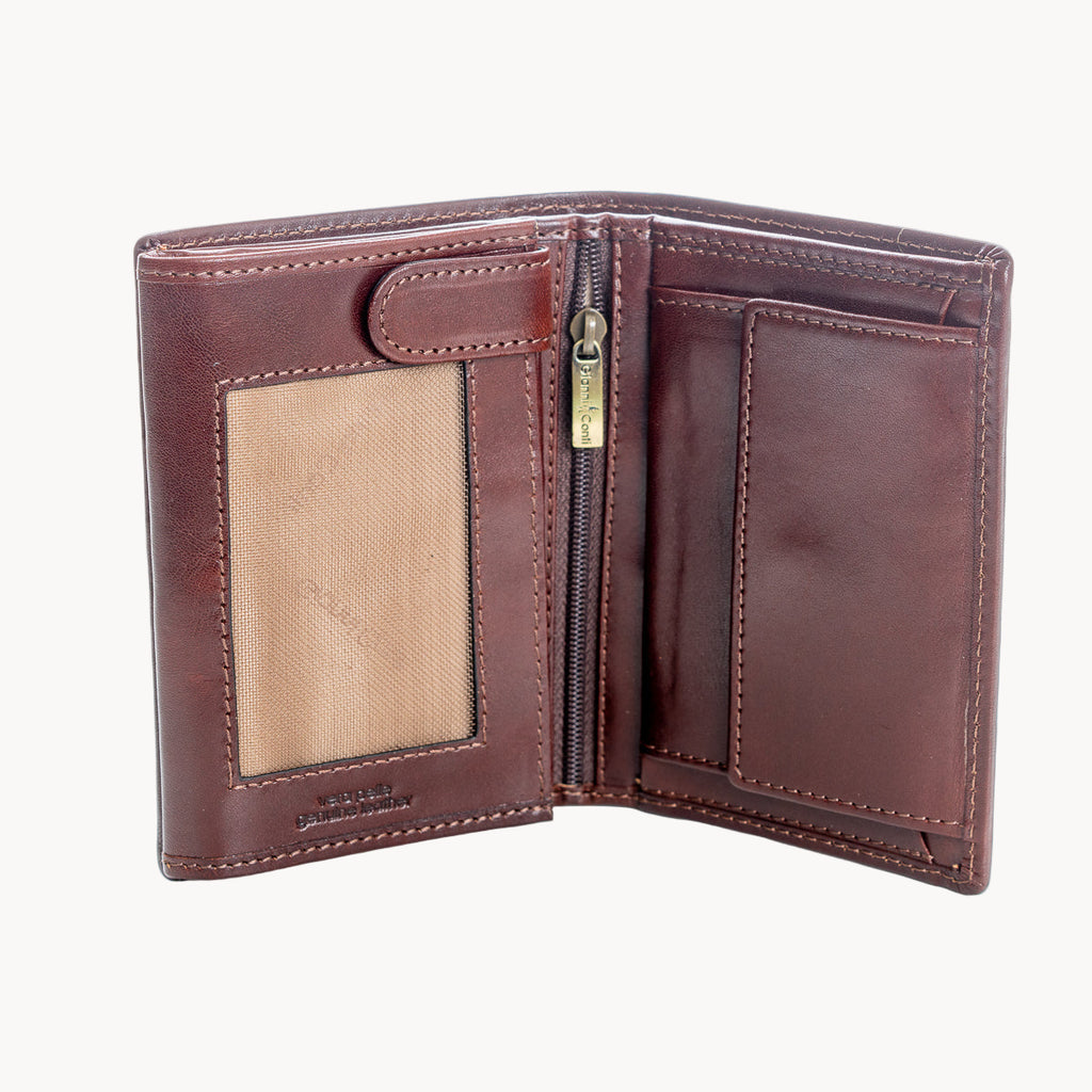 Brown leather wallet with a gold zipper on a white background