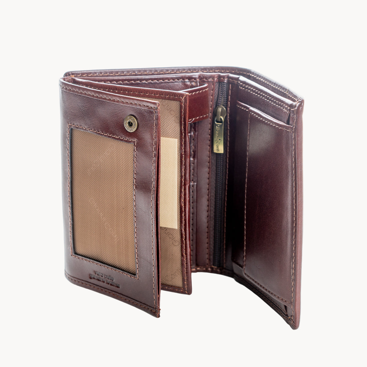 Brown leather wallet with a card holder on a white background