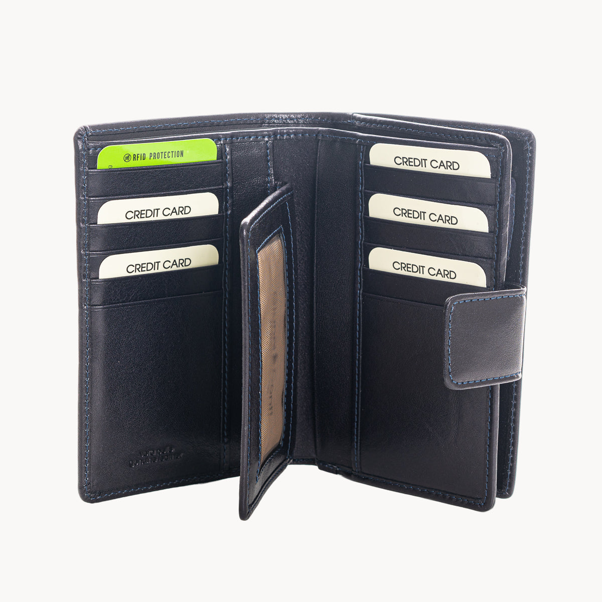 Navy leather wallet with card slots on a white background
