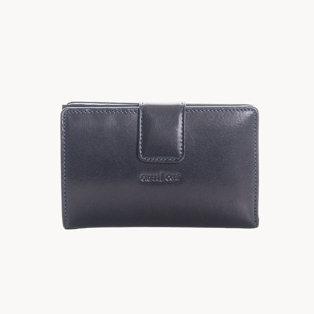 Navy leather wallet with brand name on a white background