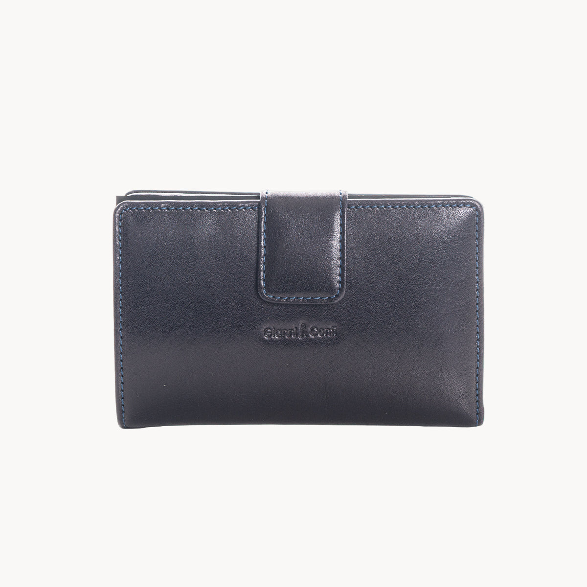 Navy leather wallet with brand name on a white background