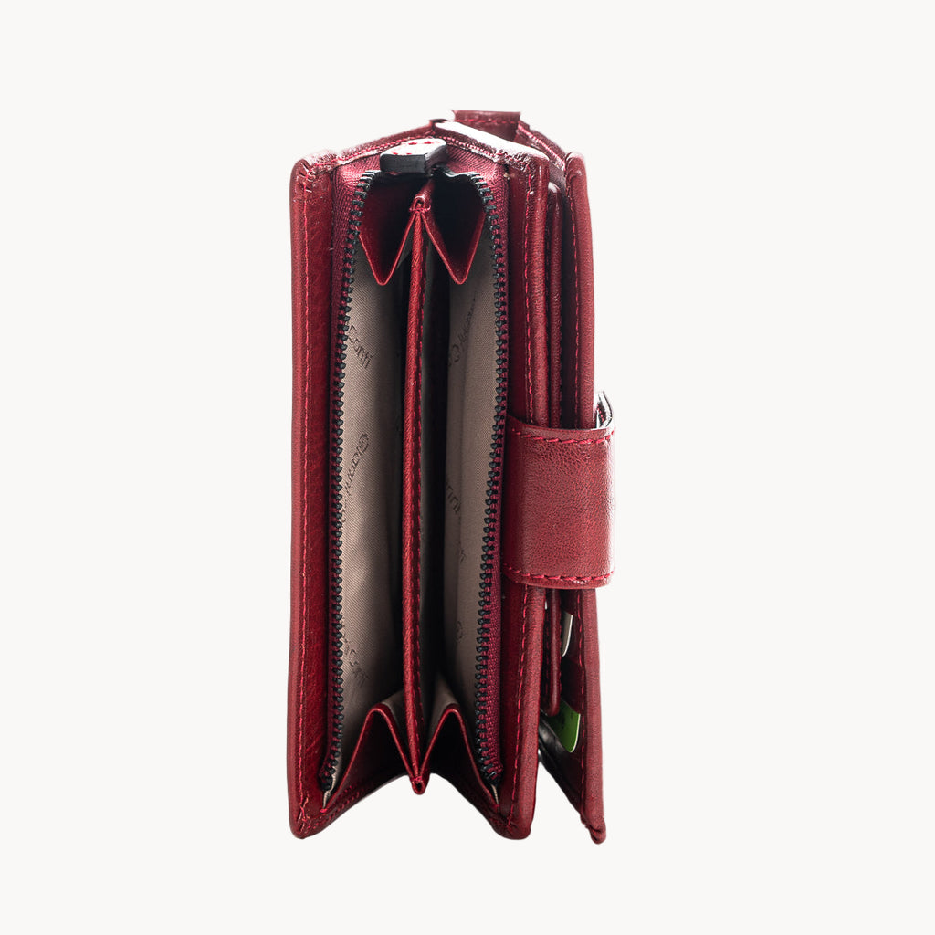 Red wallet with a visible brand logo on a white background