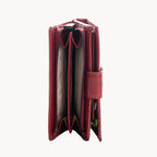 Red wallet with a visible brand logo on a white background