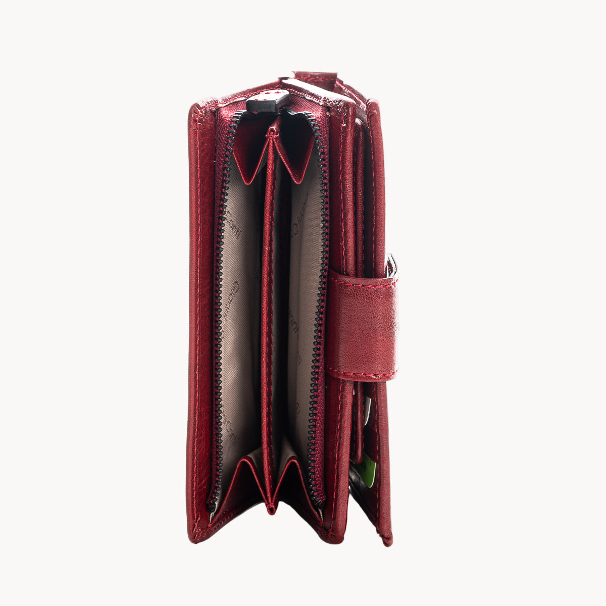 Red wallet with a visible brand logo on a white background