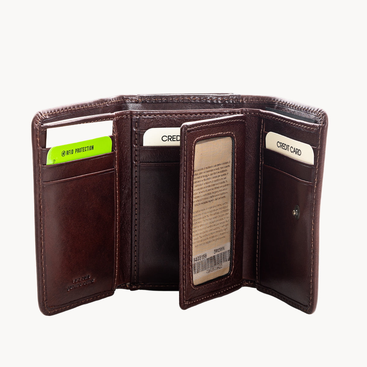 Brown leather wallet with card slots on a white background