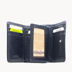 Open navy blue wallet with card slots on a white background