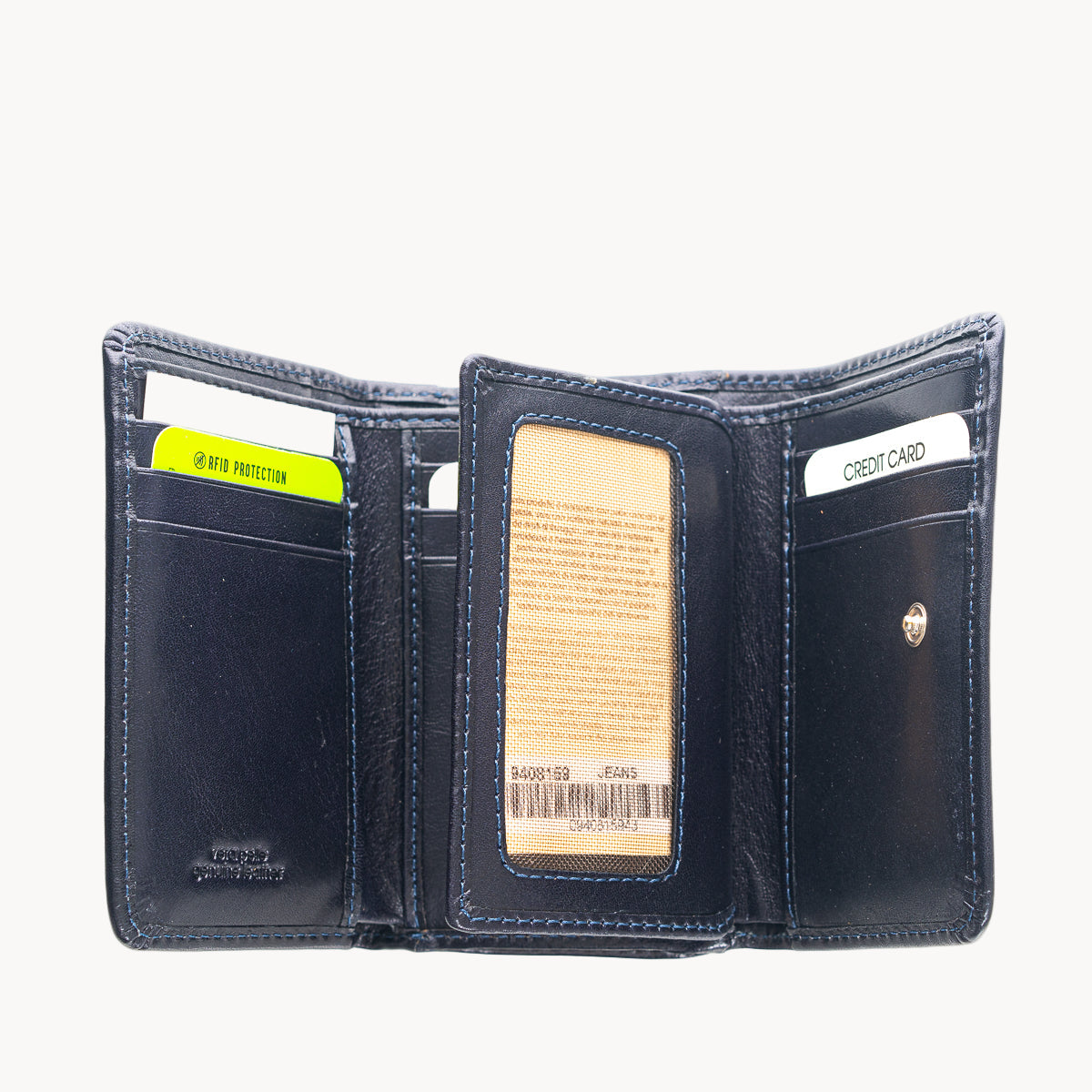 Open navy blue wallet with card slots on a white background