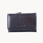 Blue leather wallet with brand logo on a white background