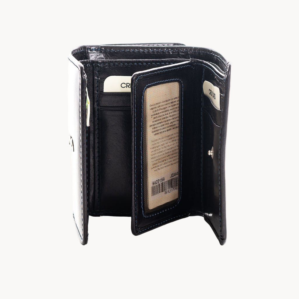 Black leather wallet open on a white background