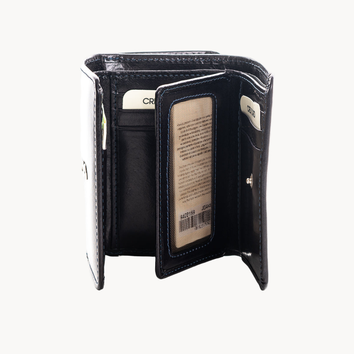 Black leather wallet open on a white background