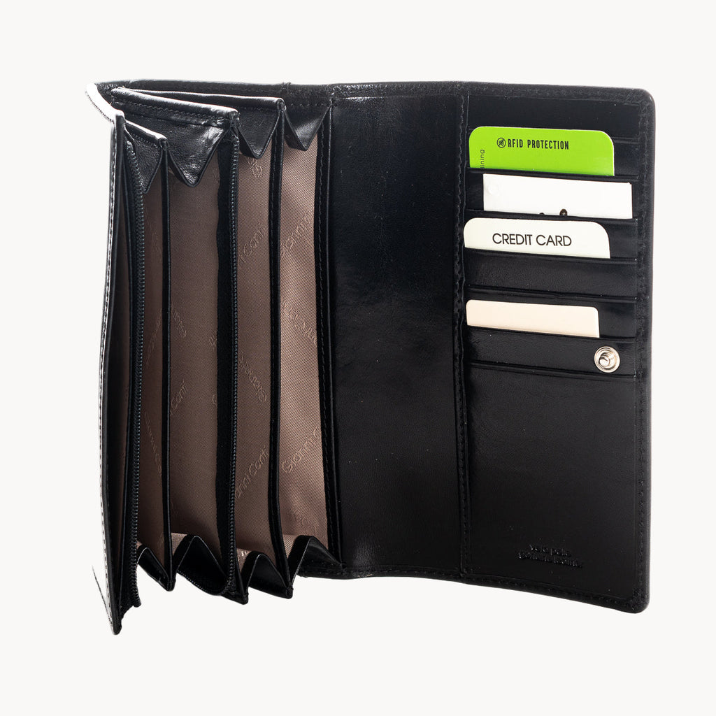 Black wallet with card slots and a green security tag on a white background