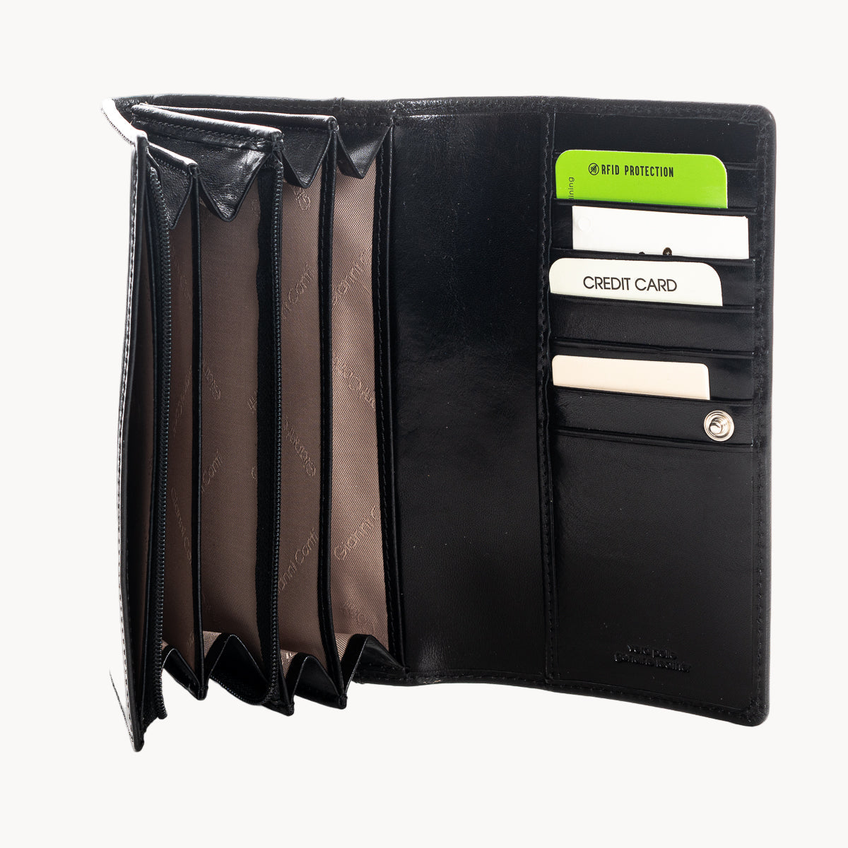 Black wallet with card slots and a green security tag on a white background