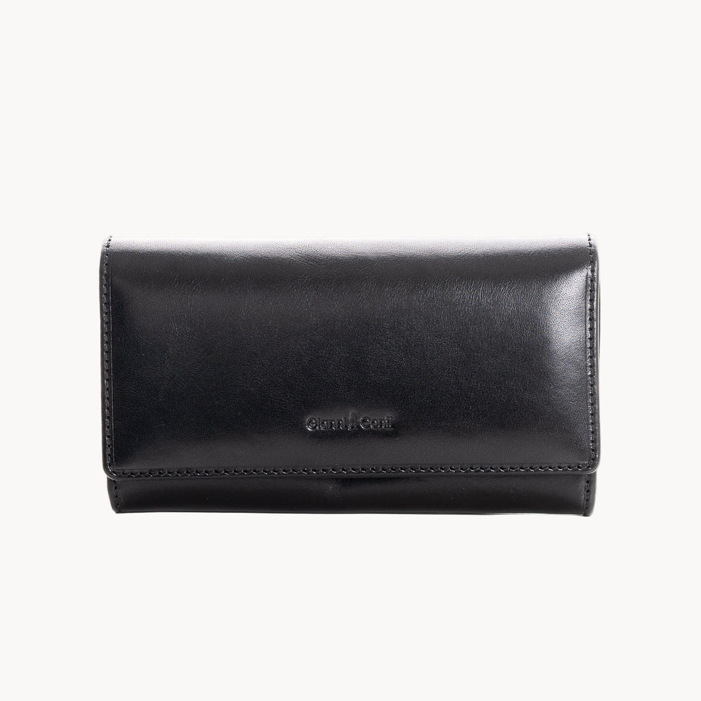 Black leather wallet with a brand logo on a white background