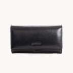 Black leather wallet with a brand logo on a white background