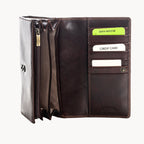 Brown leather wallet with card slots on a white background