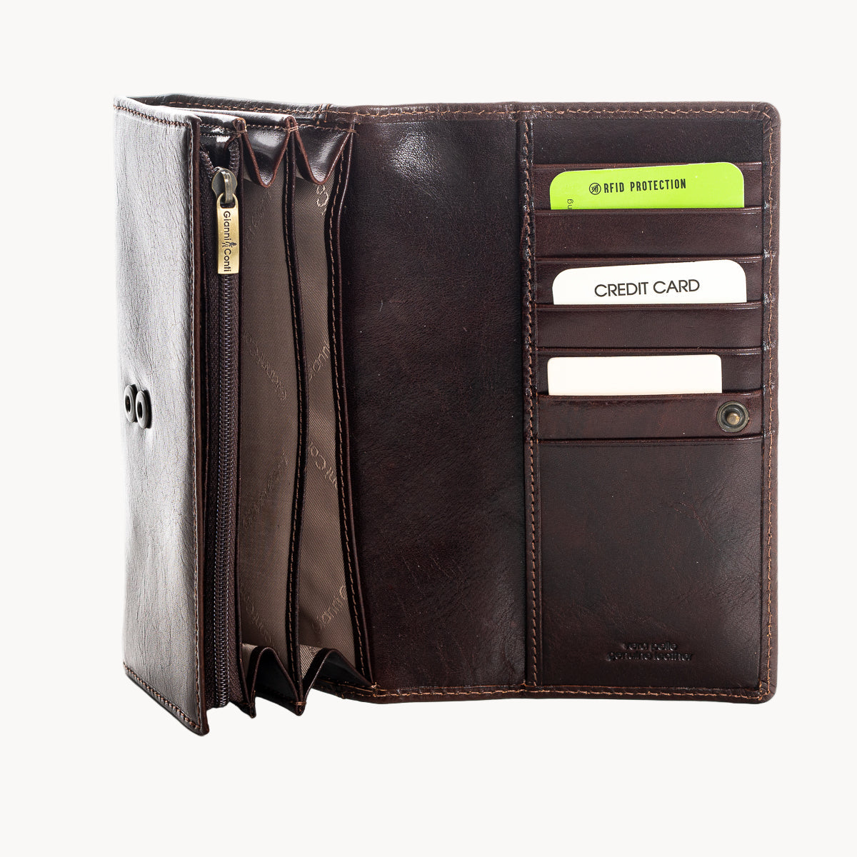 Brown leather wallet with card slots on a white background