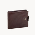 Brown leather wallet with a visible brand name on a white background