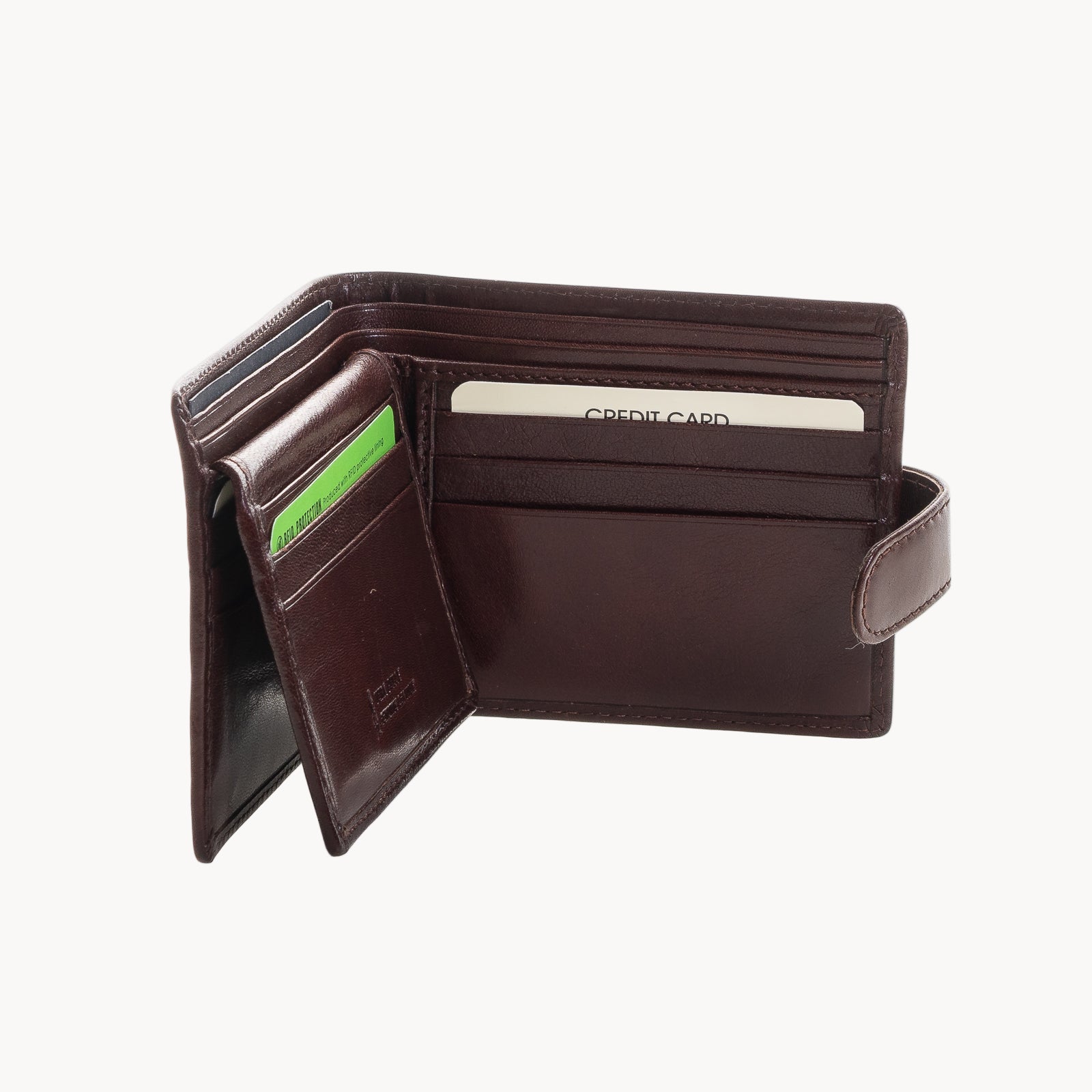 Brown leather wallet with card slots on a white background