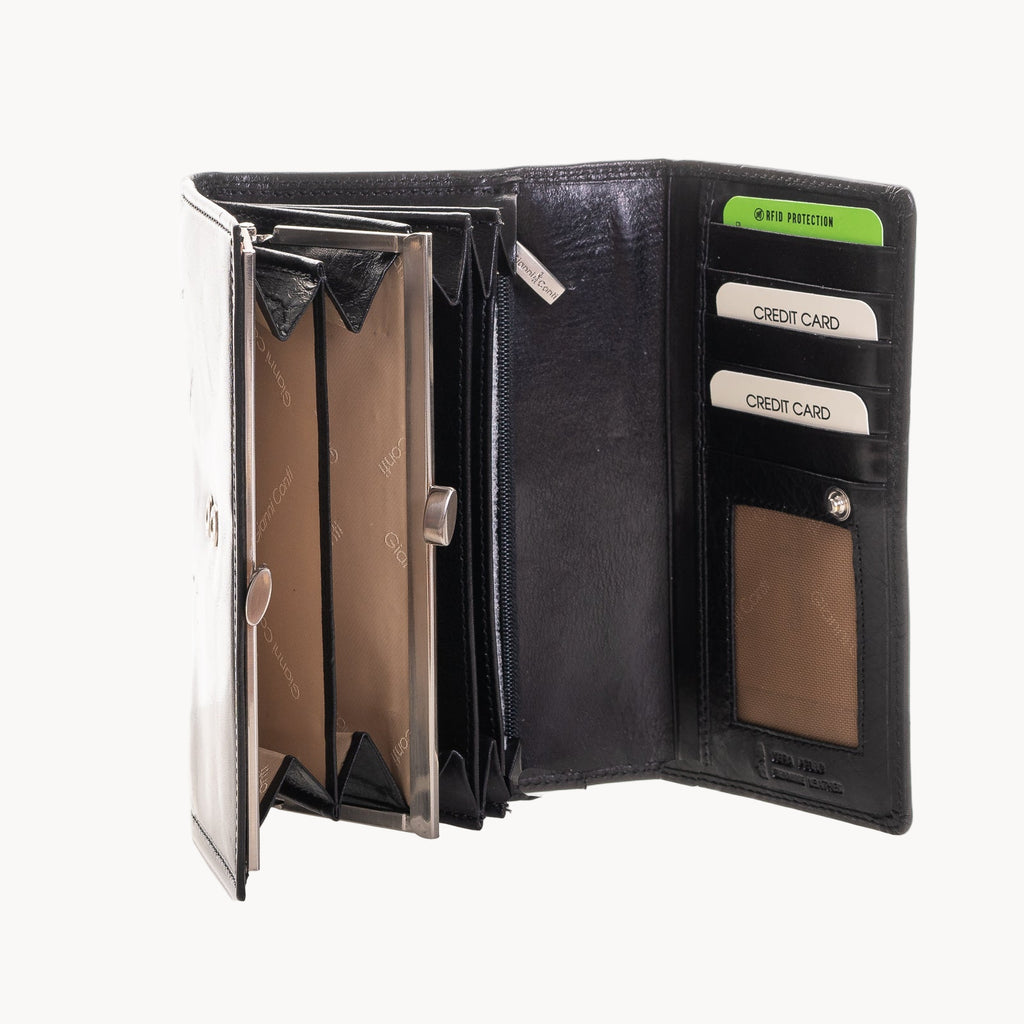 Black leather wallet with card slots on a white background
