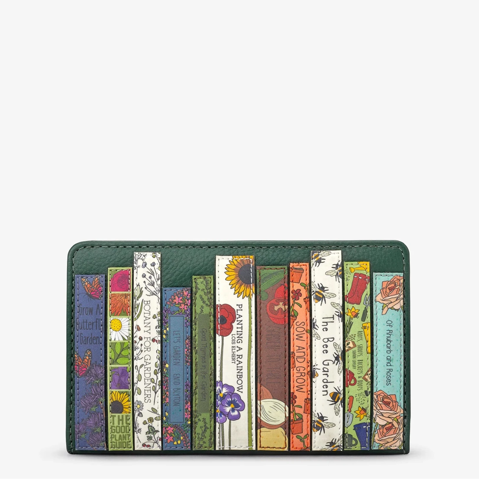 Green leather bifold purse with appliqué book end design - front view