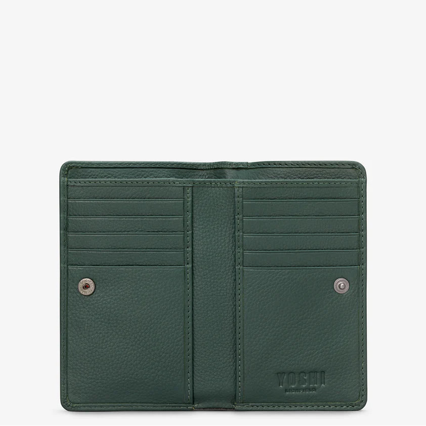 Green leather bifold purse with appliqué book end design - inside view with 10 credit card slots