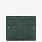 Green leather bifold purse with appliqué book end design - inside view with 10 credit card slots