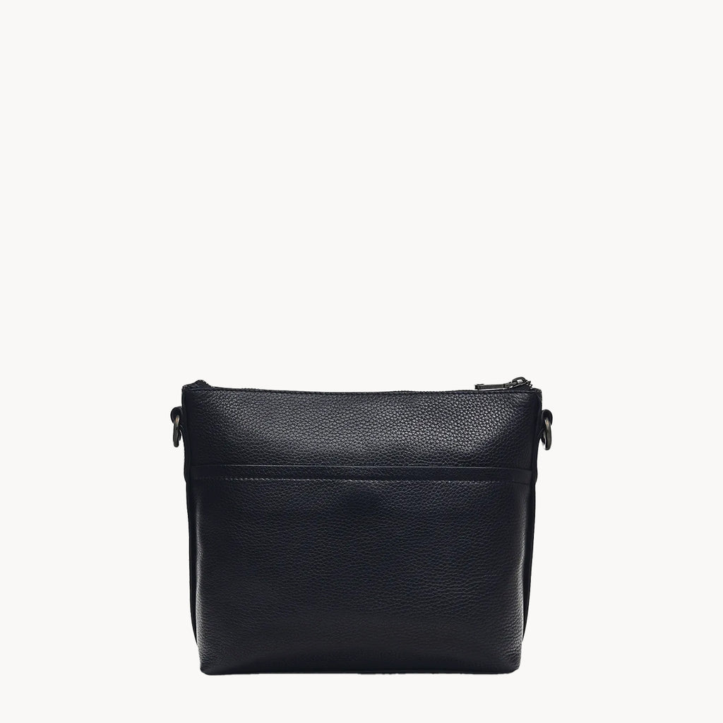 Black leather crossbody bag on a white background