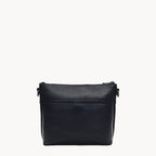 Black leather crossbody bag on a white background