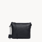 Black leather crossbody bag on a white background