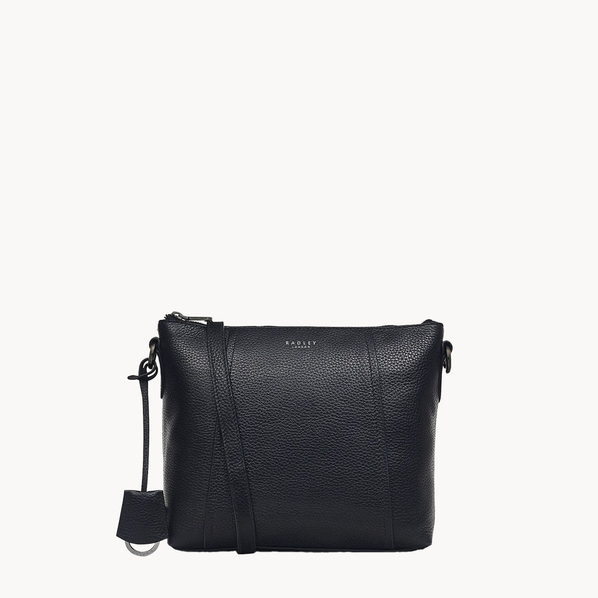 Black leather crossbody bag on a white background