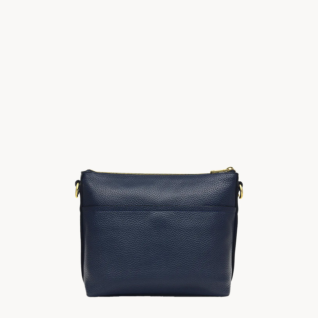 Navy blue leather crossbody bag on a white background