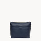 Navy blue leather crossbody bag on a white background