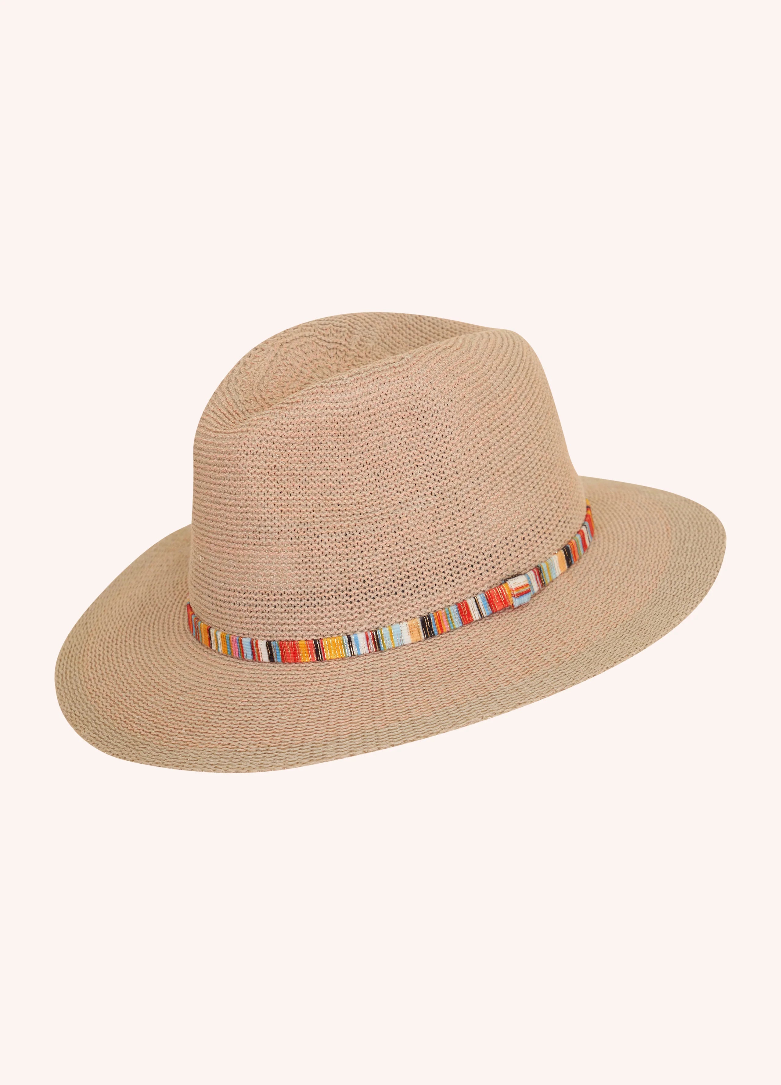 Beige straw hat with a colorful band on a white background